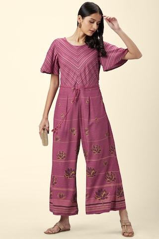 purple printeded round neck ethnic ankle-length half sleeves women regular fit dress