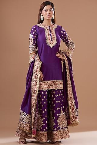 purple pure silk chanderi embroidered sharara set for girls