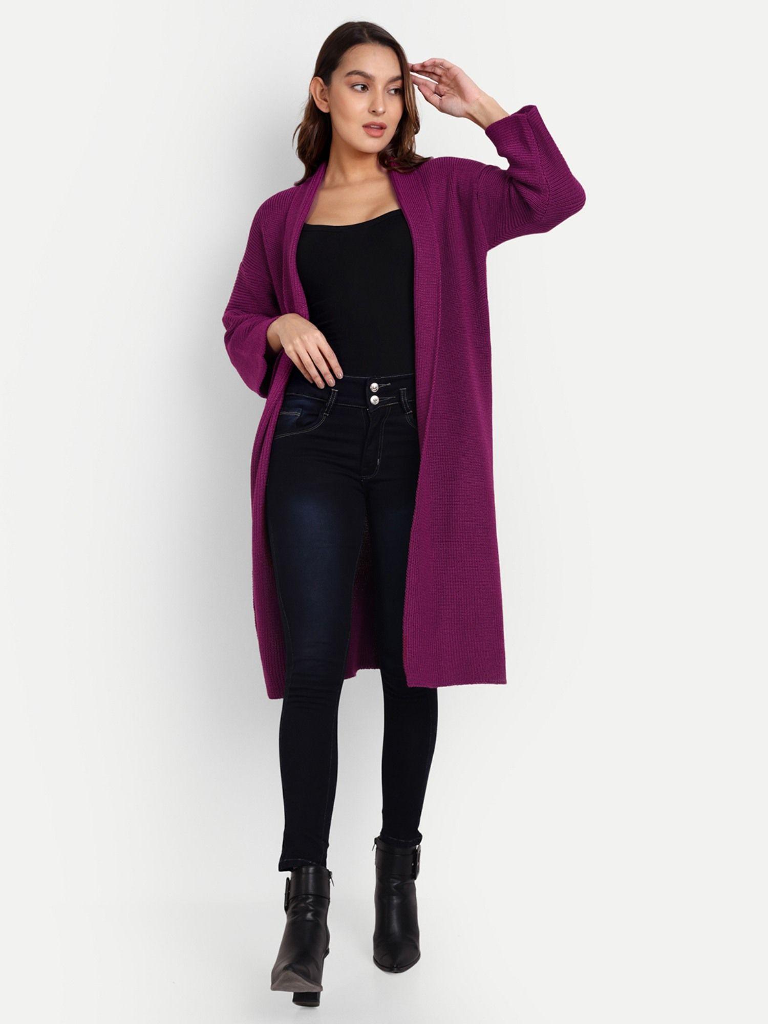 purple ribbed knitted front open midi cardigan