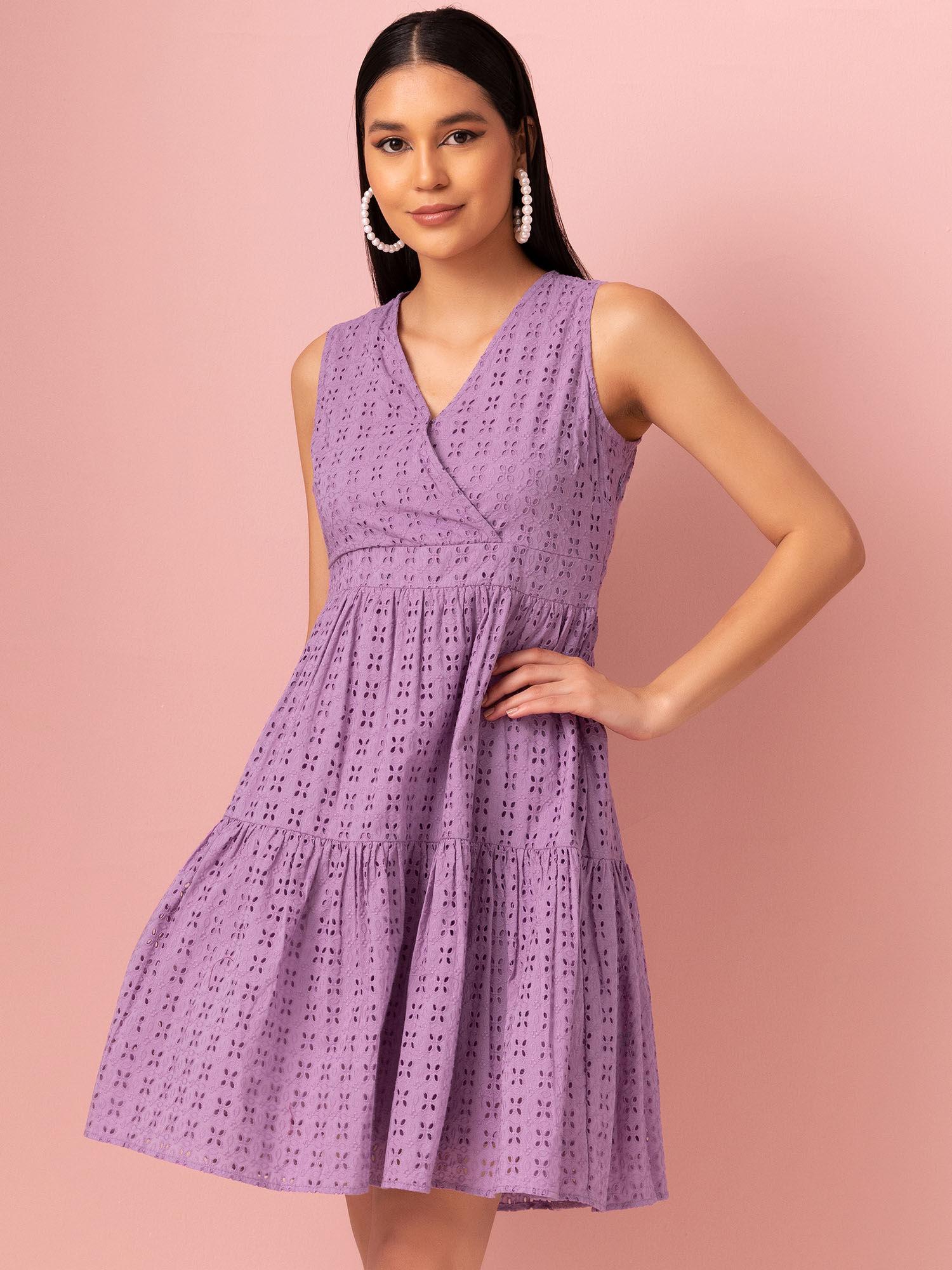 purple schiffli cotton mini dress