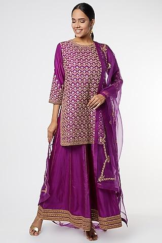 purple silk embroidered kurta set