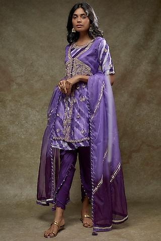 purple silk leheriya printed & hand embroidered kurta set