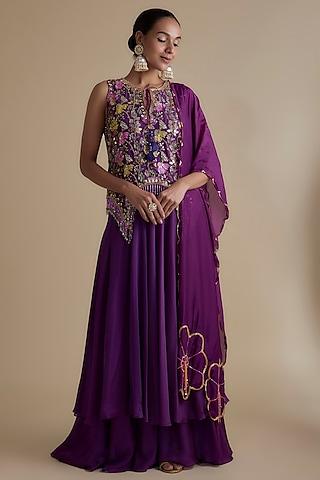purple silk organza embroidered tunic set