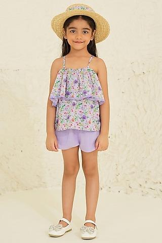 purple soft cotton printed & embroidered co-ord set for girls