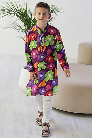 purple soft cotton printed kurta set for boys