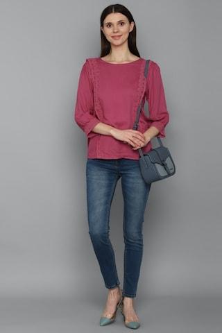 purple solid casual 3/4th sleeves boat neck women regular fit top