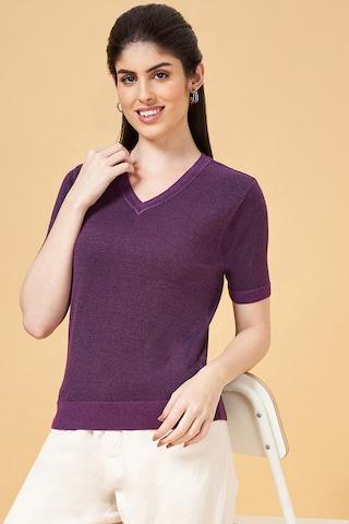 purple solid casual half sleeves v neck women regular fit  top