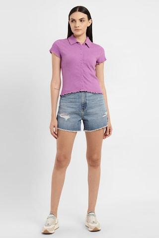 purple solid casual short sleeves regular collar women regular fit shirt