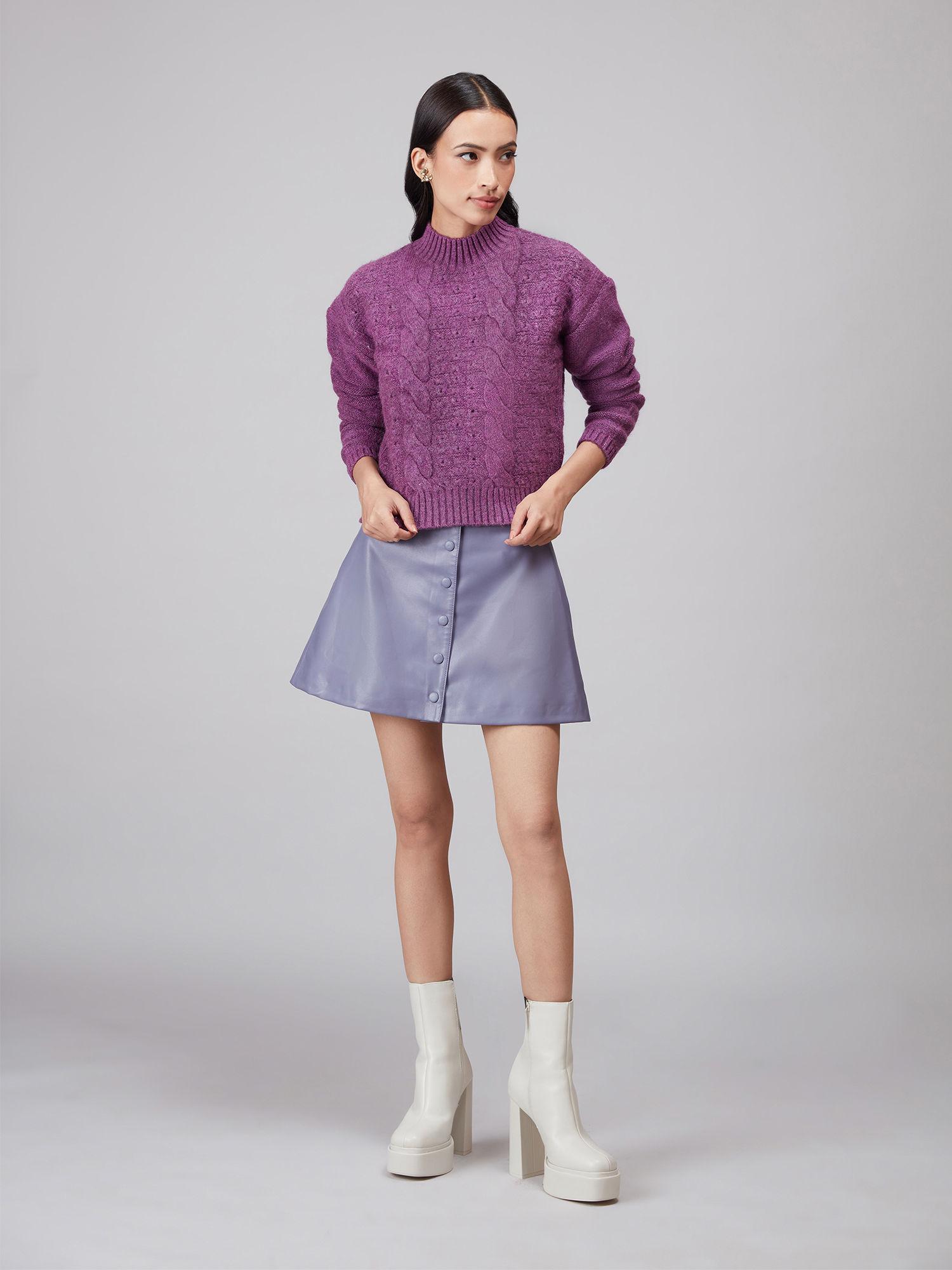 purple solid high neck short sweater