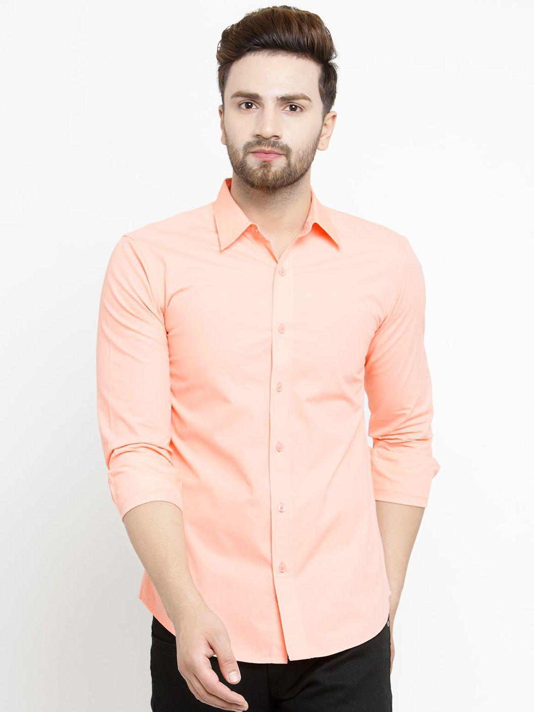purple state men peach-coloured slim fit cotton casual shirt