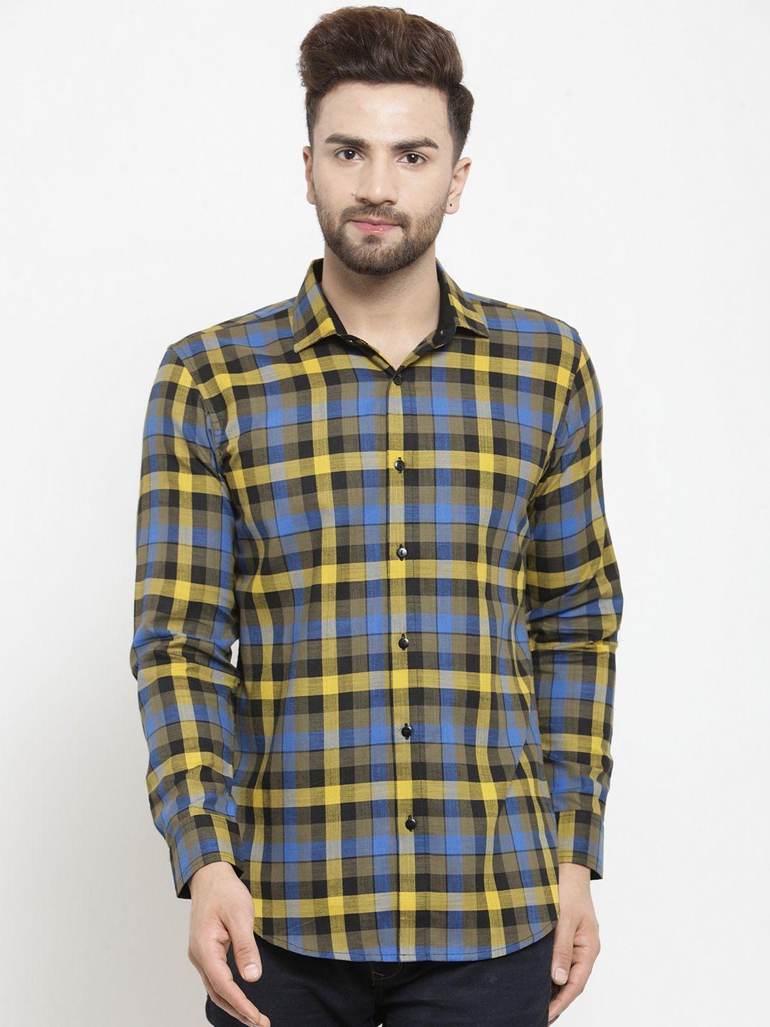 purple state men yellow & black slim fit checked casual shirt