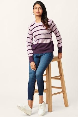 purple stripe casual full sleeves round neck women regular fit sweater