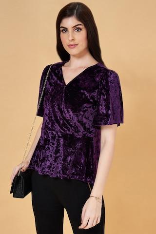 purple textured formal half sleeves v neck women regular fit  top