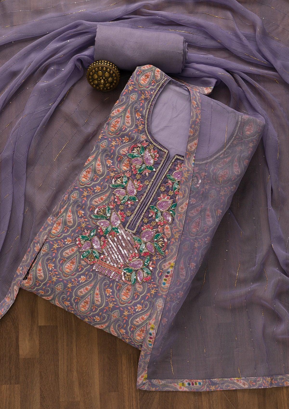 purple threadwork georgette unstitched salwar suit