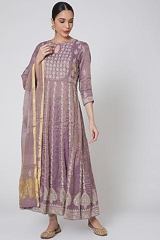 purple & beige embroidered anarkali set