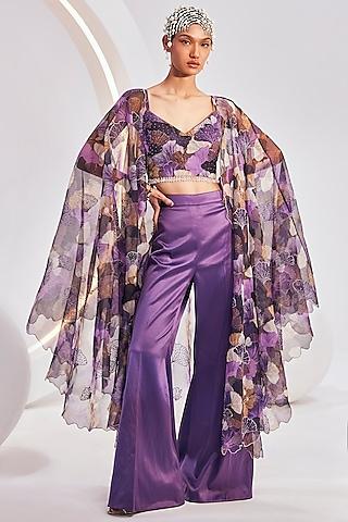 purple & beige organza printed cape set