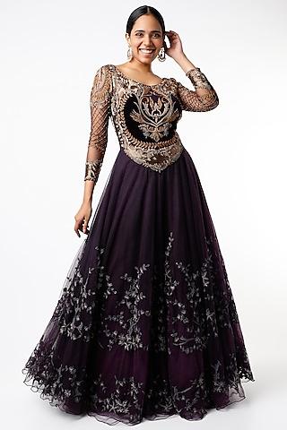 purple & copper applique embroidered gown