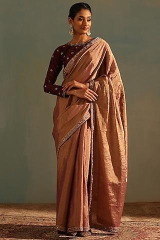 purple & gold tissue silk hand embroidered saree