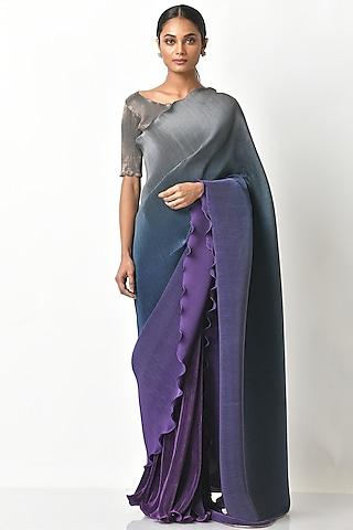 purple & grey pleated polyester saree set