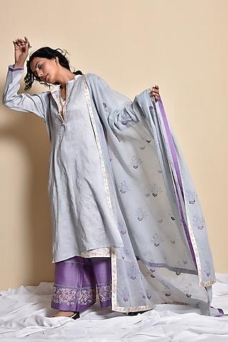 purple & grey printed kurta set