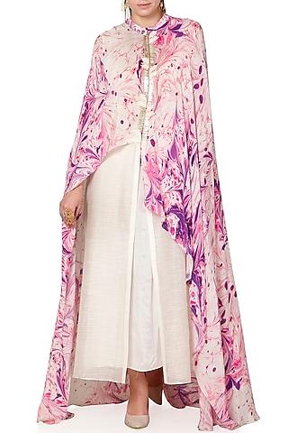 purple & ivory printed embroidered draped tunic
