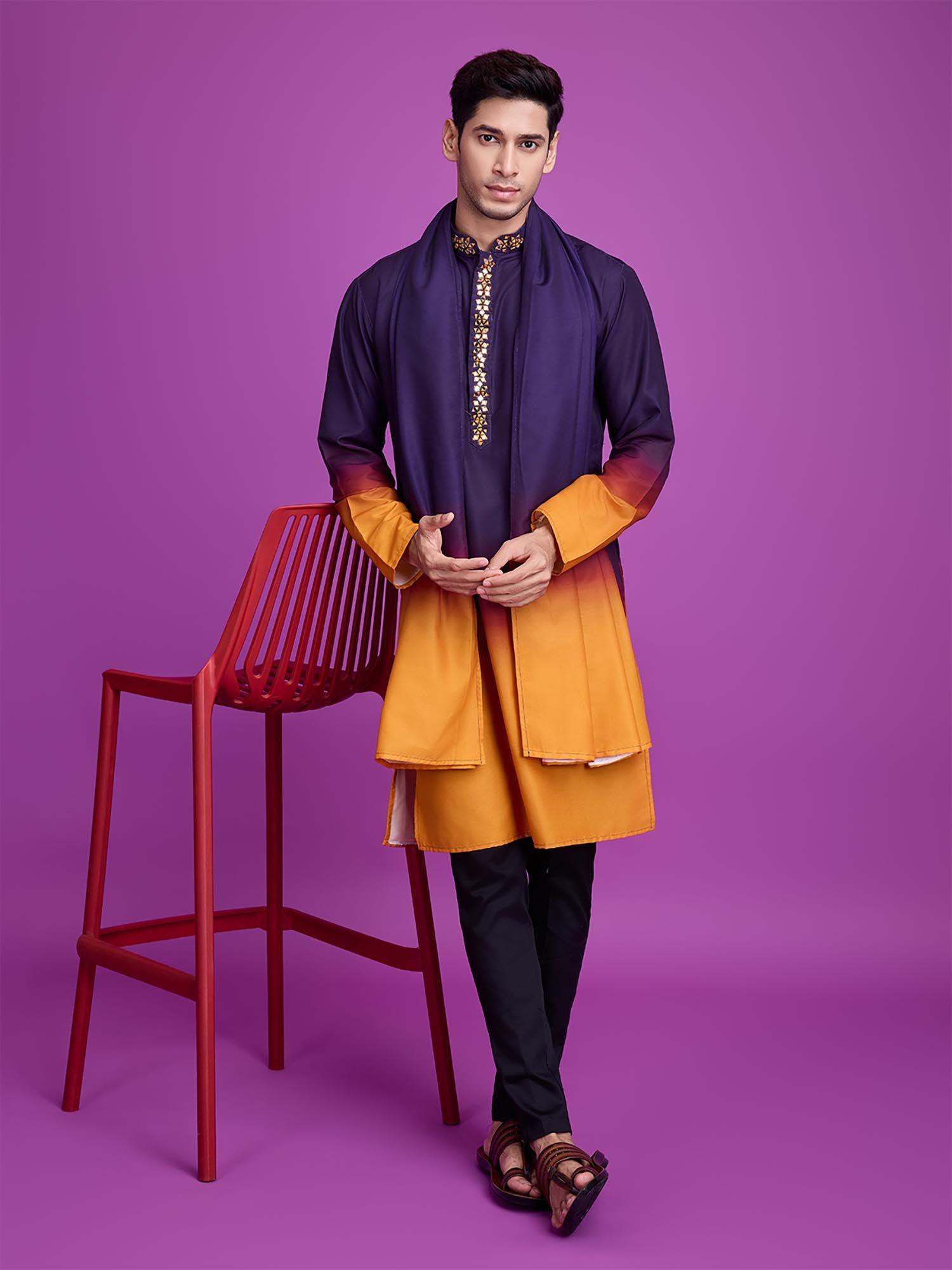 purple & mustard ombre rayon kurta & dupatta (set of 2)