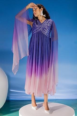 purple & peach chiffon embellished ombre midi dress