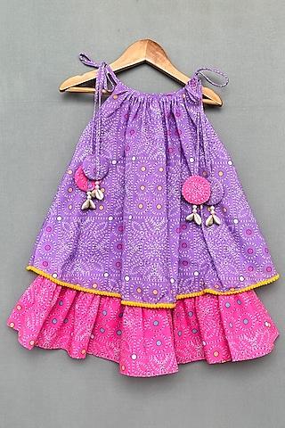 purple & pink cotton kantha printed layered dress for girls