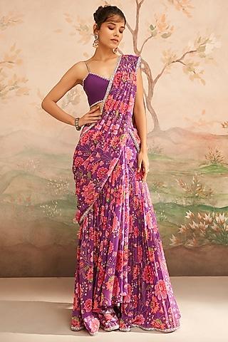 purple & pink georgette floral printed pre-draped saree set