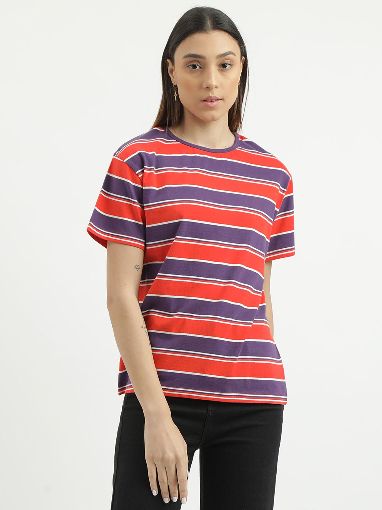 purple & red regular fit round neck striped t-shirt