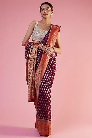 purple & red viscose georgette brocade embroidered saree