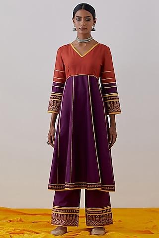 purple & rust slub cotton hand block printed & gota anarkali set