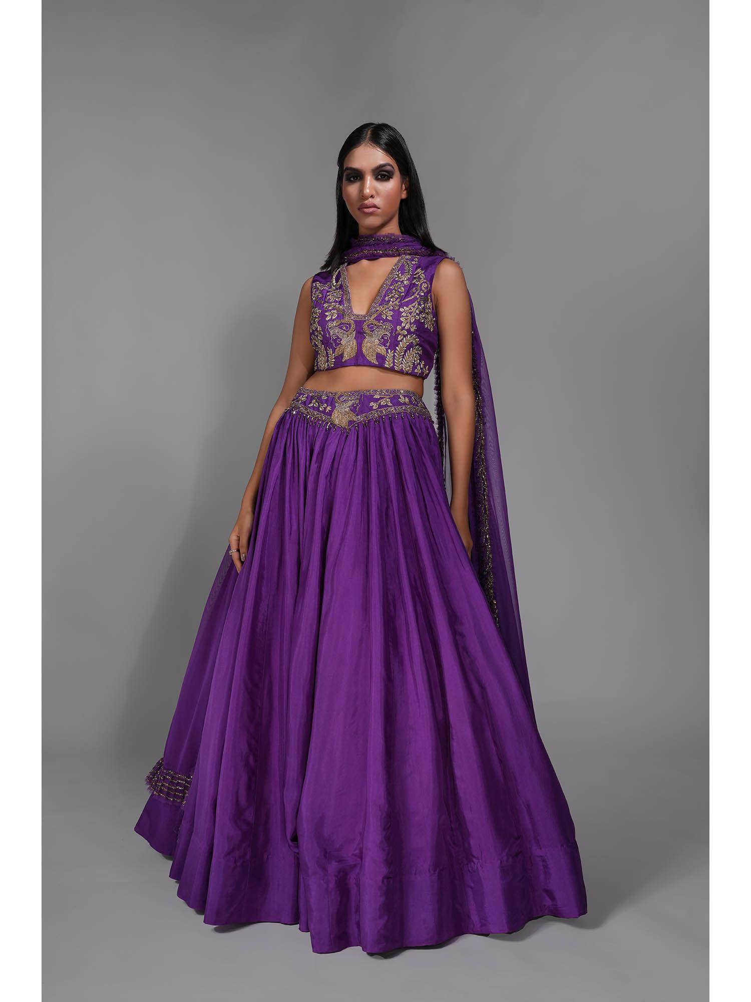 purple - dori work plunging neckline lehenga with choli and dupatta (set of 3)