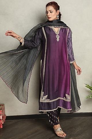purple 4d hand embroidered kurta set
