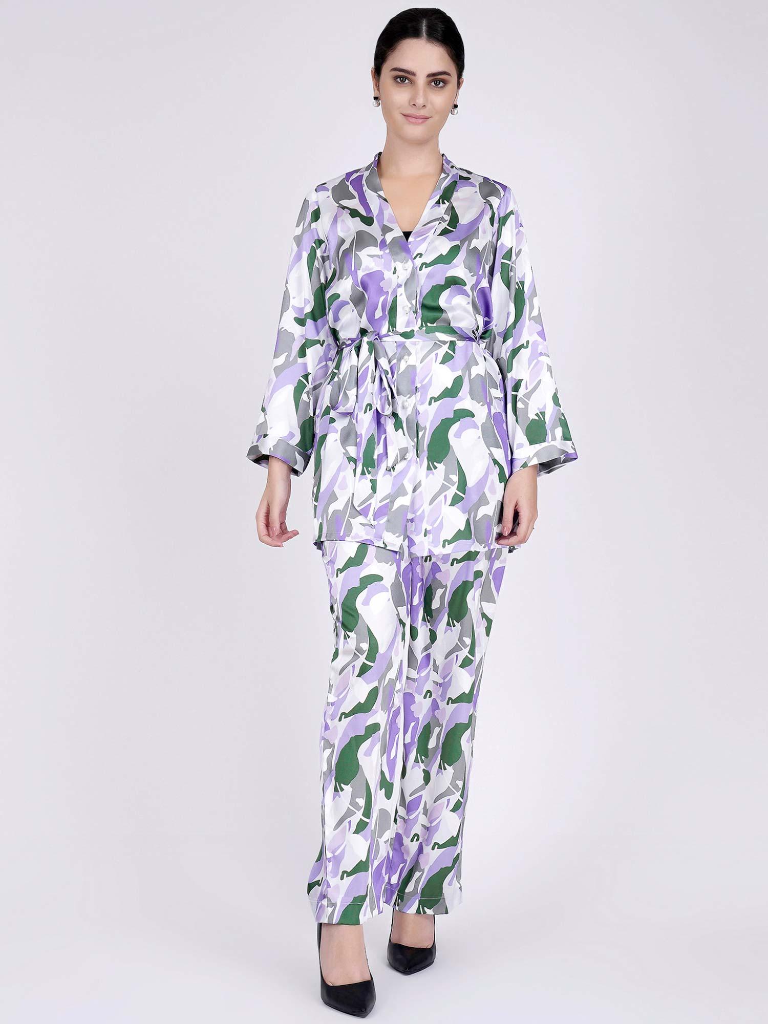 purple abstract camouflage shirt and pants set (set of 3)