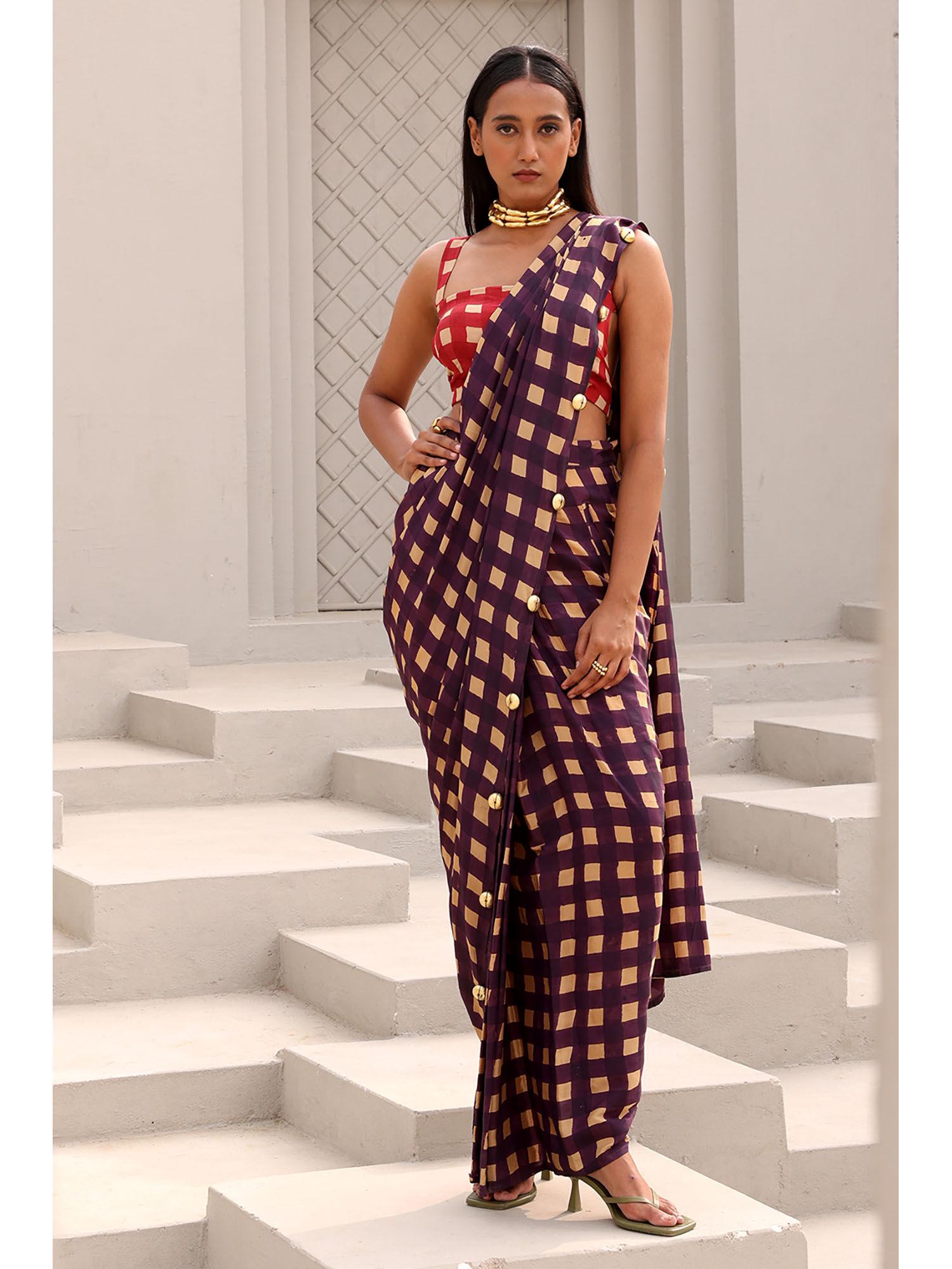 purple agatha pre draped saree with stitched blouse