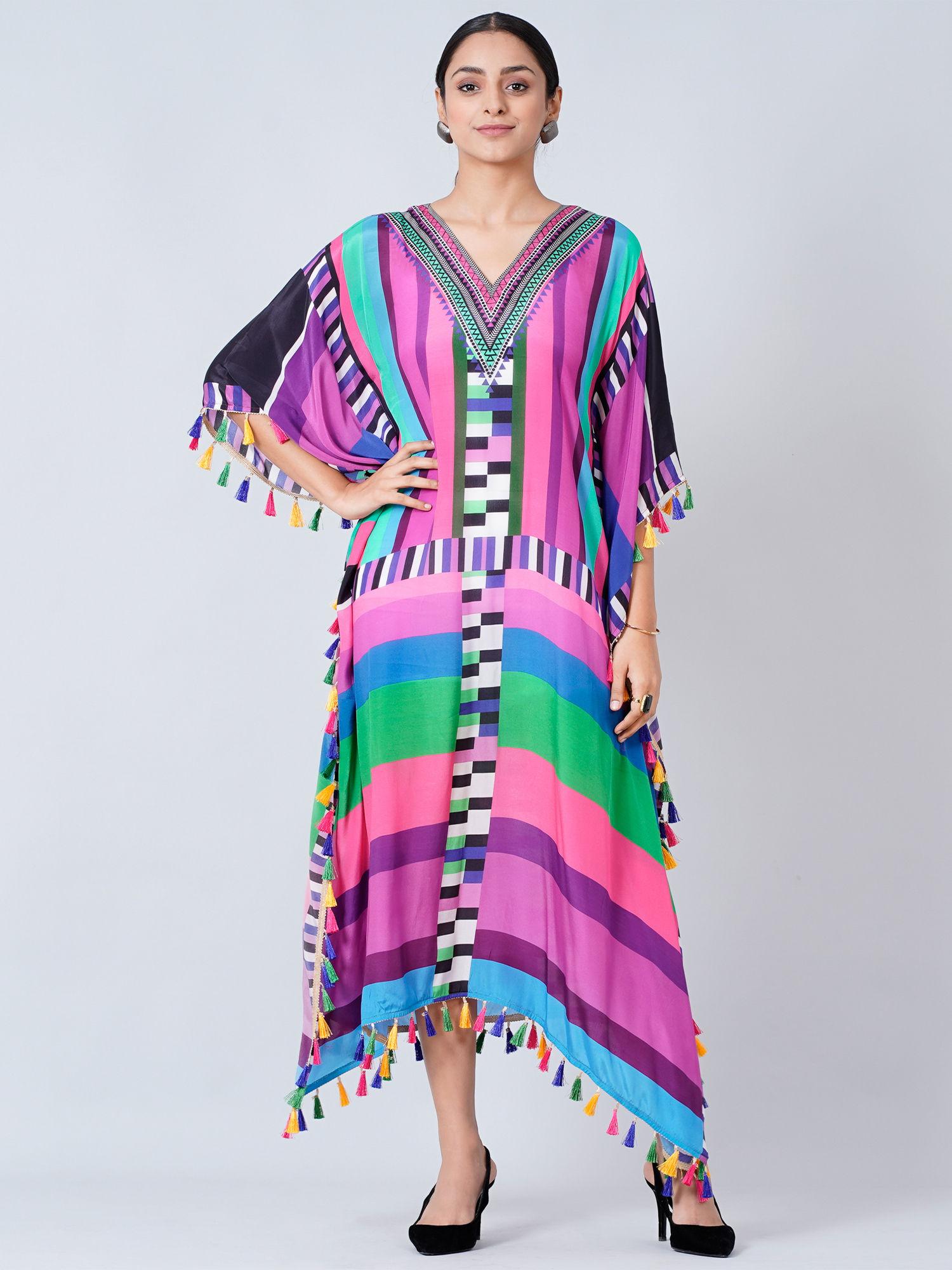 purple and green geometric mid length kaftan