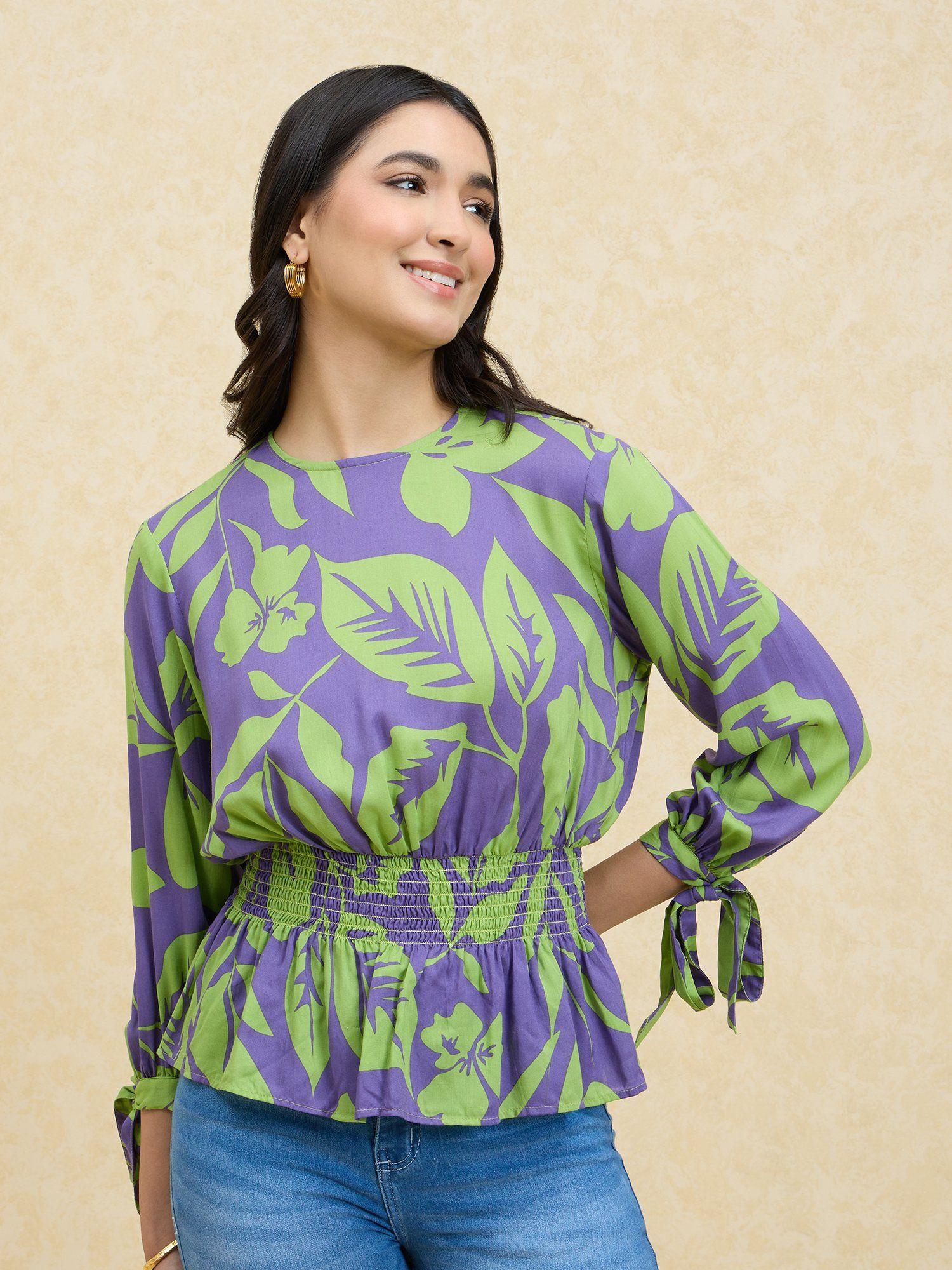 purple and green printed puff sleeves smocked peplum top