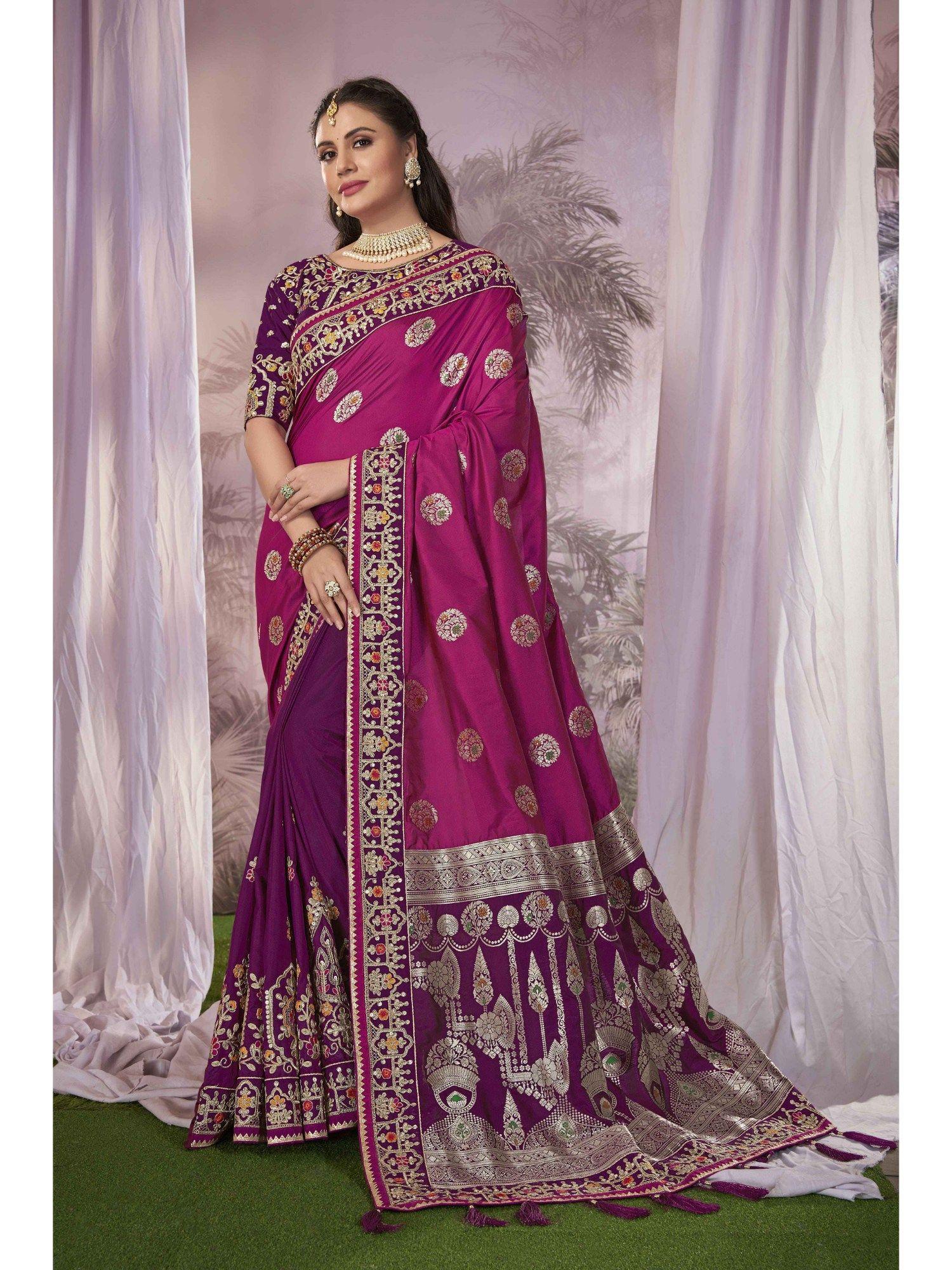 purple and pink banarasi silk woven embroidered saree with unstitched blouse