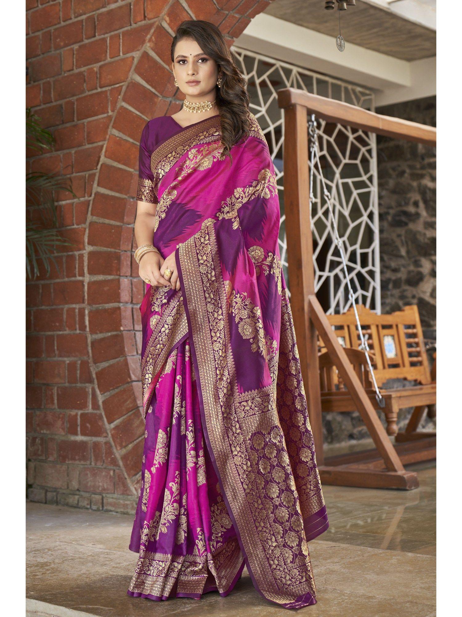 purple and pink blue banarasi silk woven design zari saree with unstitched blouse