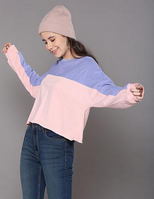 purple and pink colour block cotton cropped sweatshirt