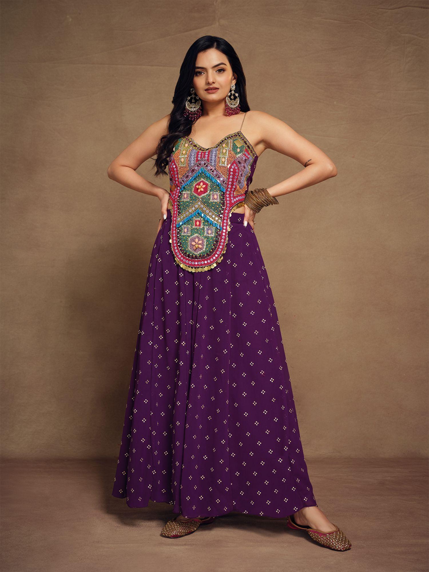 purple art silk embroidered stitched indo western co-ord for women (set of 2)