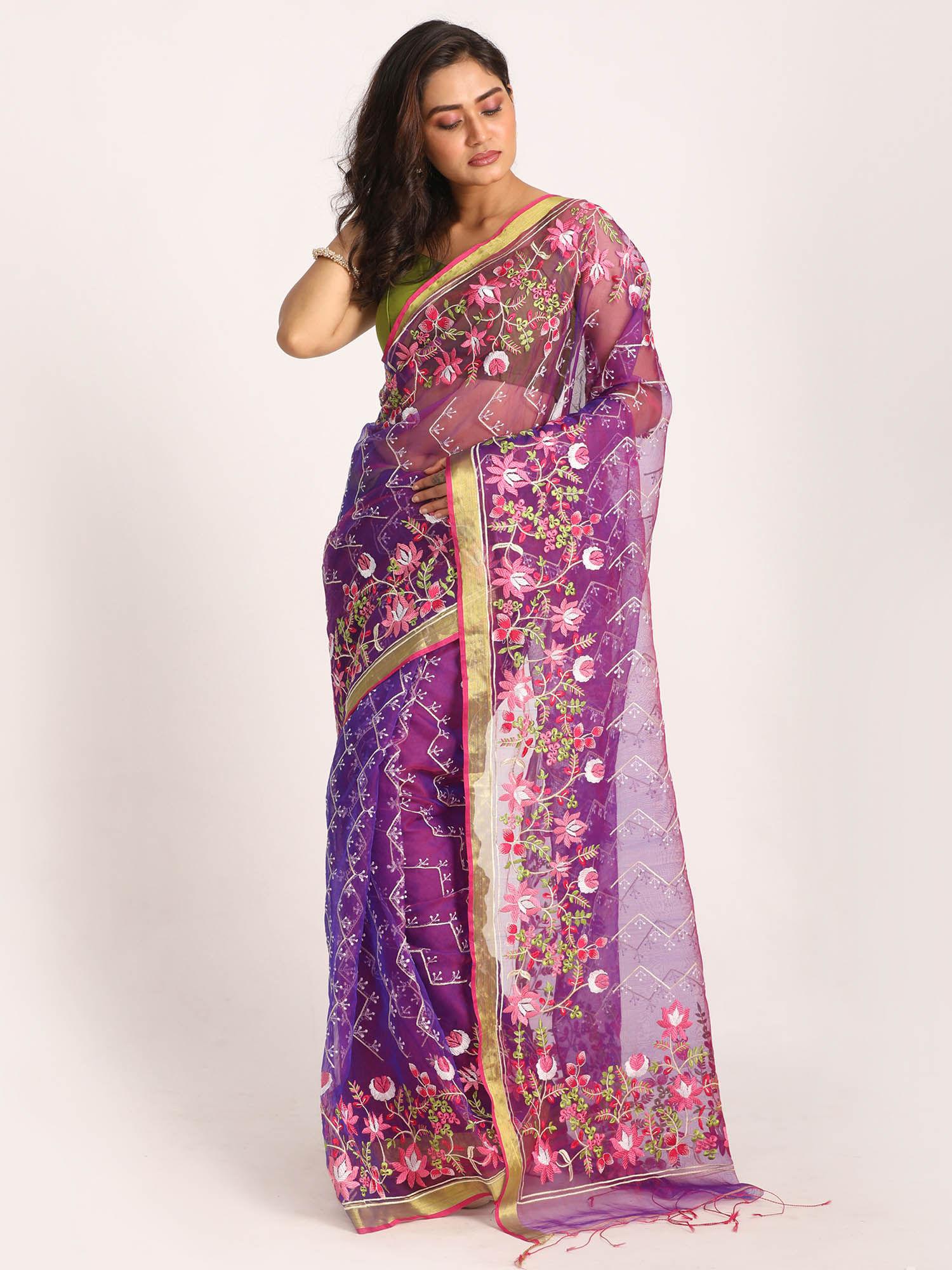 purple art silk muslin handloom embroidery saree with unstitched blouse