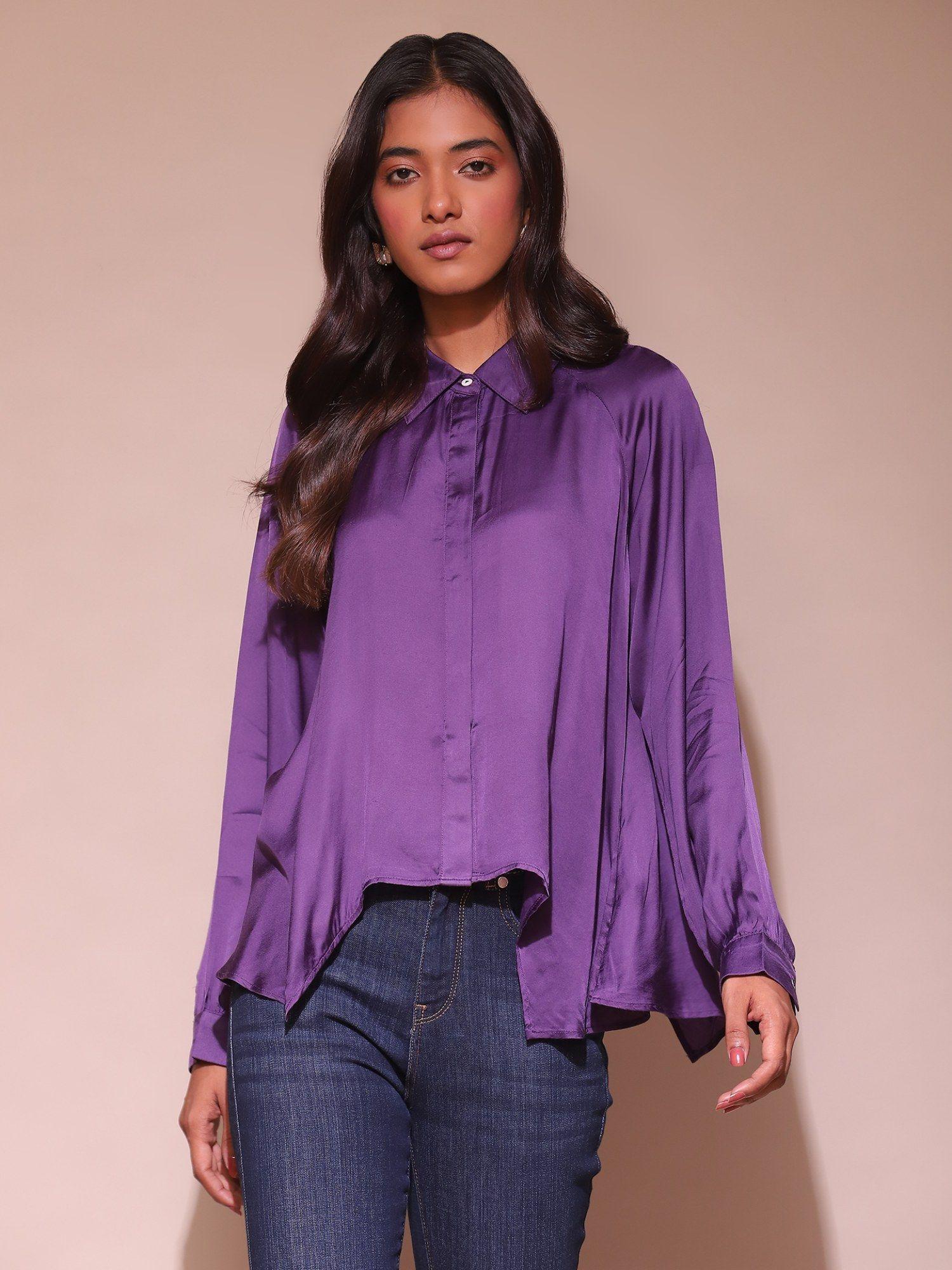 purple asymmetric satin shirt