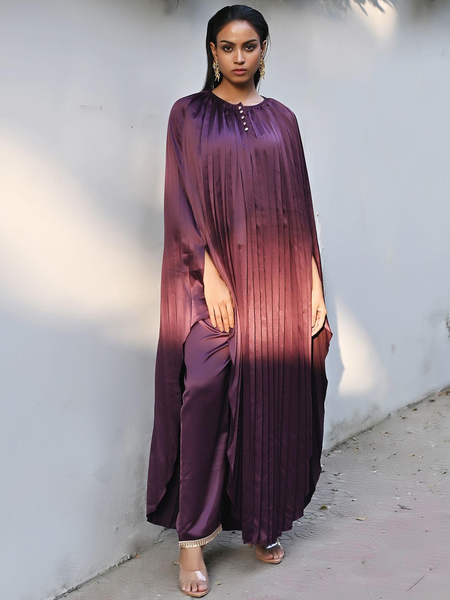 purple asymmetrical kaftan & straight pant co-ord (set of 2)