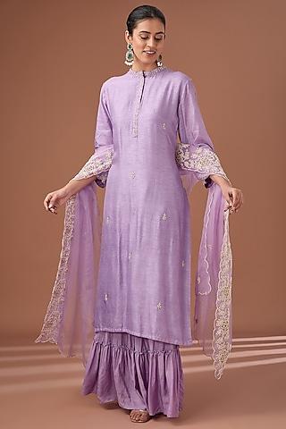 purple bamberg silk pearl & dabka embroidered straight kurta set