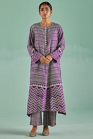 purple bamboo silk printed & embroidered kurta set