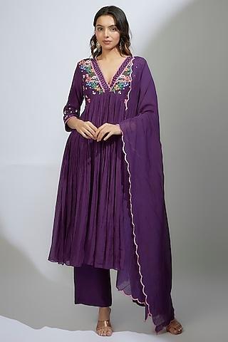 purple banarasi chanderi resham & pearl hand embroidered kurta set