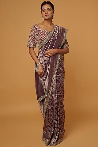 purple banarasi embroidered saree set