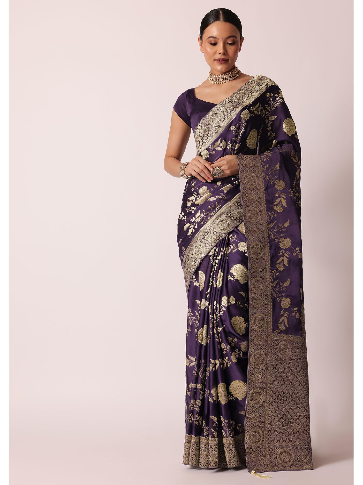 purple banarasi saree with floral jaal woven pallu and unstitched blouse